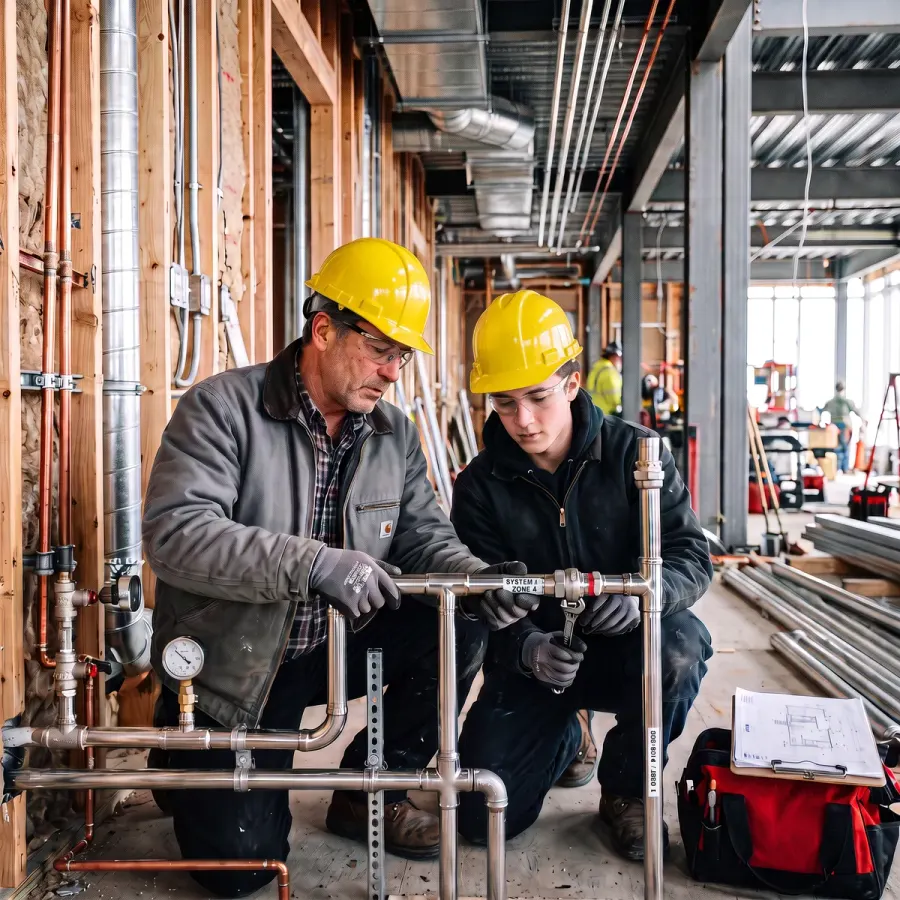 Erfahrener Monteur der Ballauff Haustechnik GmbH leitet einen Auszubildenden bei der Rohrinstallation an